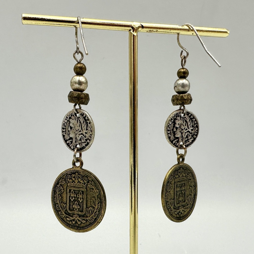 Vintage Style French Coin Drop Earrings Mixed Metal Boho Dangle Republique Franc - Picture 4 of 5